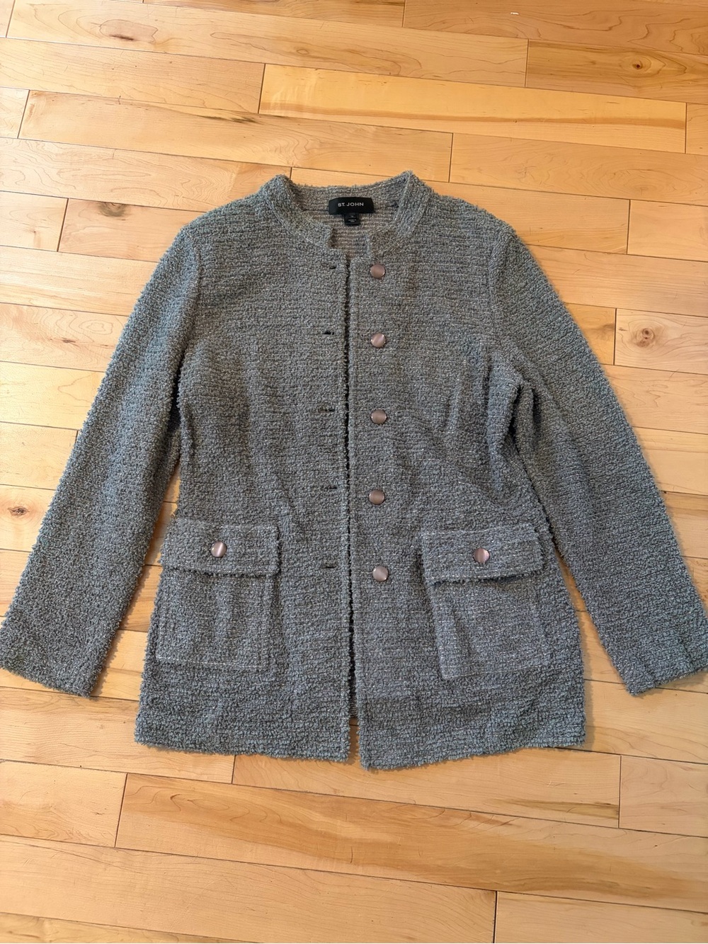 St. John Ribbon Eyelash Gray Tweed Bouclé Button-Front Long Sweater Jacket sz 14 - Picture 1 of 7